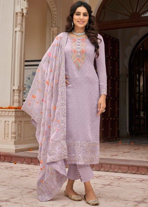 Purple Thread Embroidered Pant Style Suit With Dupatta