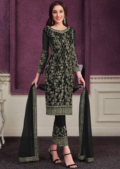 Black Dori Embroidered Pant Style Suit In Net
