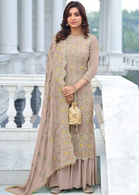 Beige Embroidered Palazzo Suit With Chiffon Dupatta