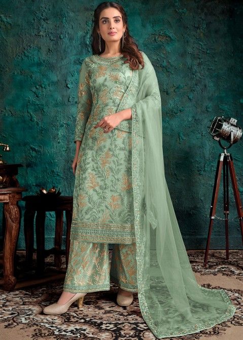 Green Embroidered Palazzo Style Party Wear Suit