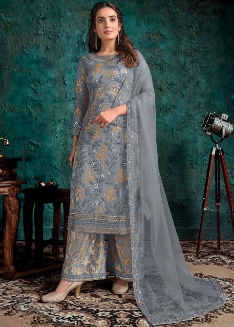 Buy Festival Wear Dark Grey Embroidery Work Linen Readymade Salwar Suit  Online From Surat Wholesale Shop.