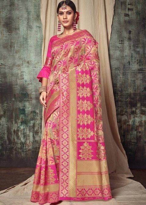 Pink And Cream Floral Woven Saree