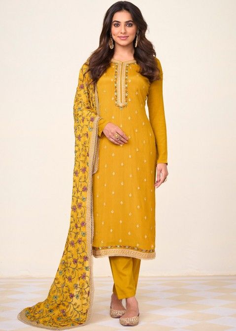 Yellow Embroidered Pant Style Suit With Dupatta