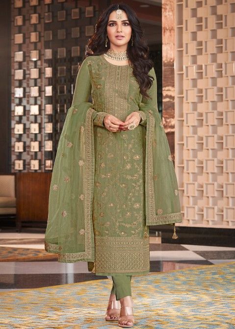 Green Embroidered Pant Style Suit In Art Silk