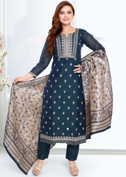 Readymade Blue Embroidered Pant Style Salwar Kameez