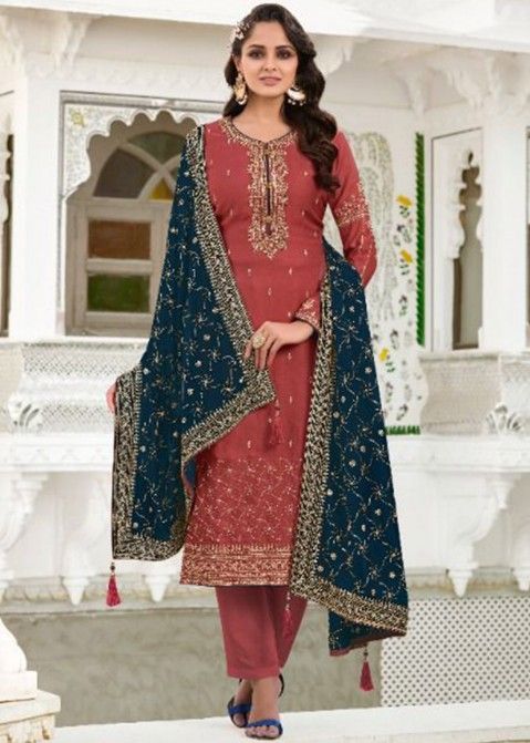 Peach Embroidered Georgette Festive Suit With Dupatta