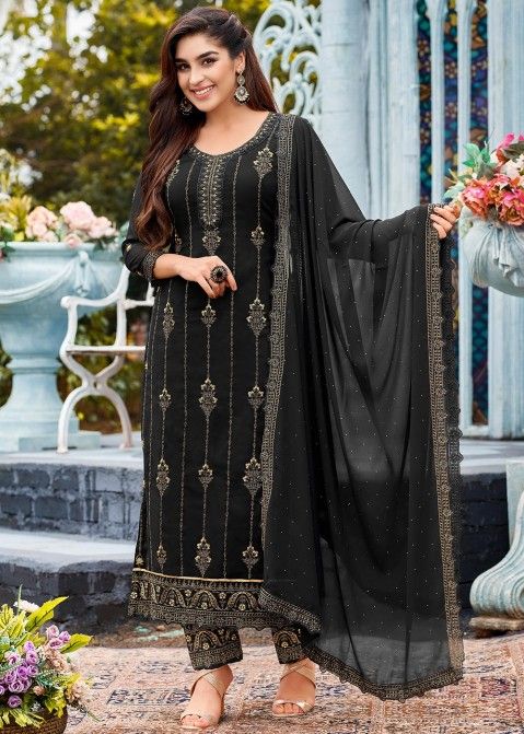 Black Zari Embroidered Pant Suit With Dupatta
