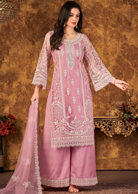 Pink Thread Embroidered Net Palazzo Suit