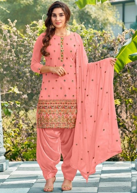 Buy Salwar Kameez | Peach Embroidery Pakistani Pant Style Salwar Suit At  Hatkay