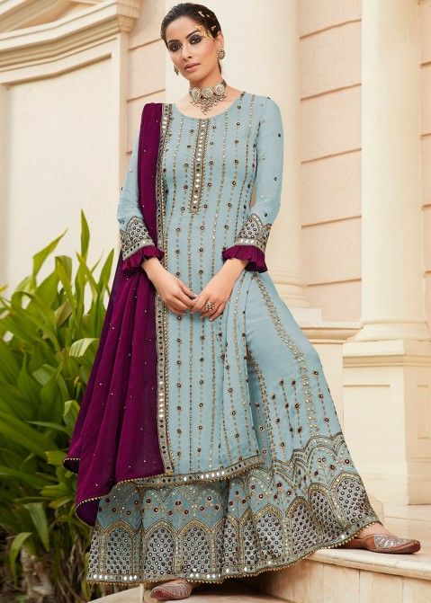 Blue Zari Embroidered Palazzo Style Suit