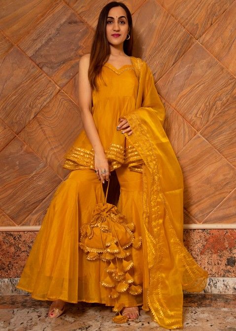 RE - Yellow Semi-stitched Sharara Sleeveless Suit - Featured Product