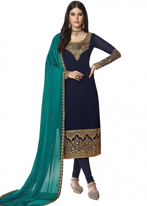 Blue Heavy Yoke Embroidered Suit With Dupatta