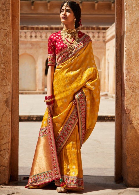 Yellow Bridal Embroidered Saree In Art Silk