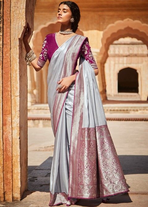 Grey Woven Saree With Embroidered Blouse