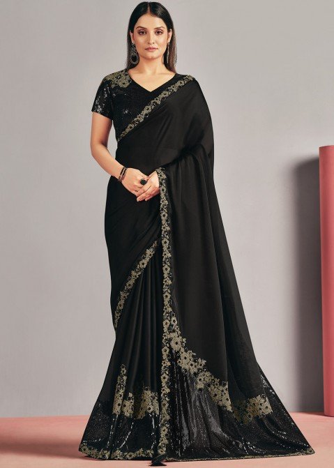 Black Sequins Work Cocktail Saree With Blouse