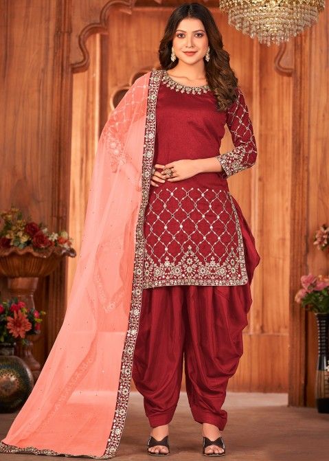 Red Art Silk Punjabi Suit In Zari Embroidery