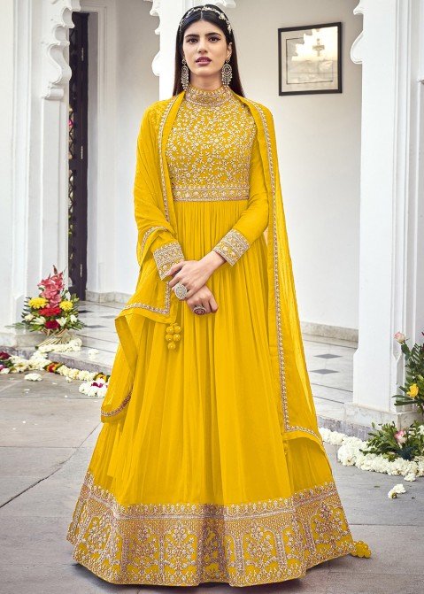 Yellow Embroidered Work Art Silk Anarkali Suit – Maharani