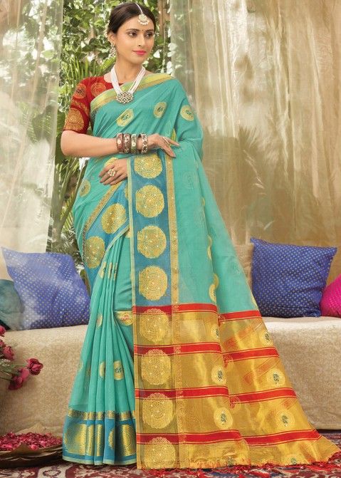 Blue Woven Organza Saree With Blouse
