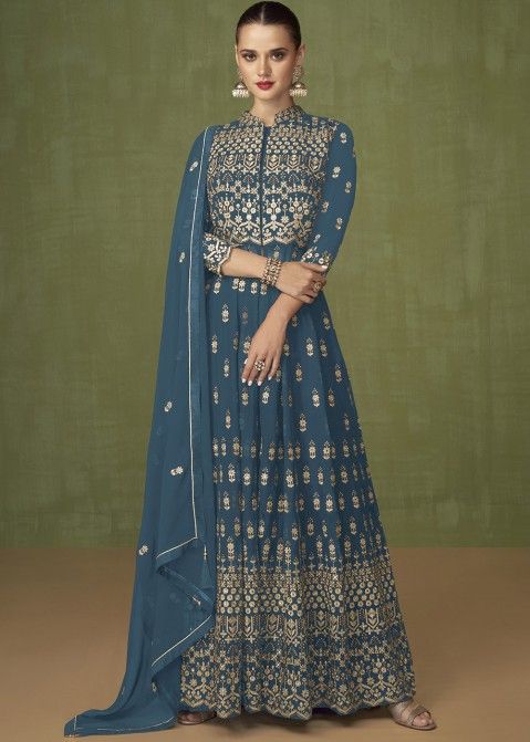 Blue Sequins Embroidered Anarkali Suit