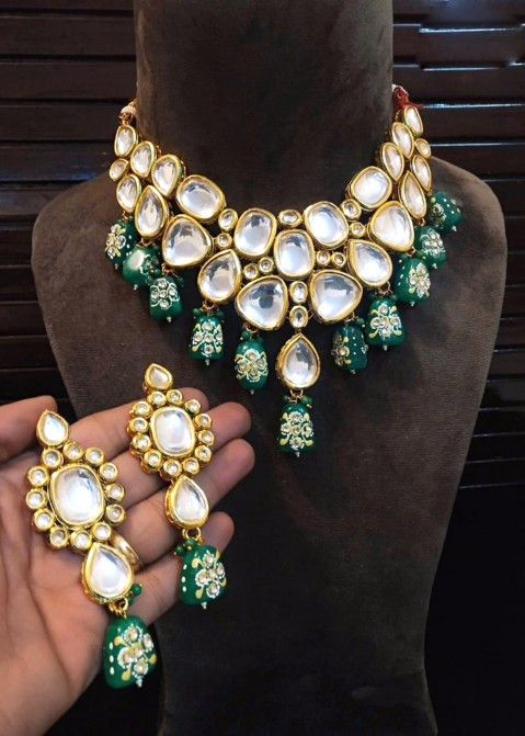Green Colour Meenakari Choker Necklace Set for Lehenga | FashionCrab.com