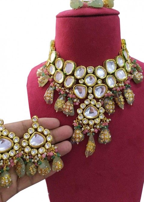 Golden And Green Kundan Studded Necklace Set