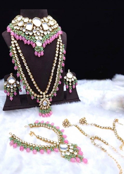 Pink And Green Bridal Kundan Studded Necklace Set