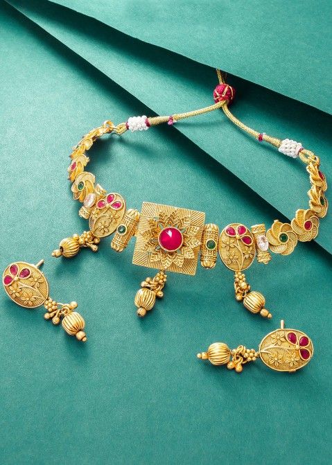 Studded Stone Choker Necklace Set In Golden for Bride Panash India USA