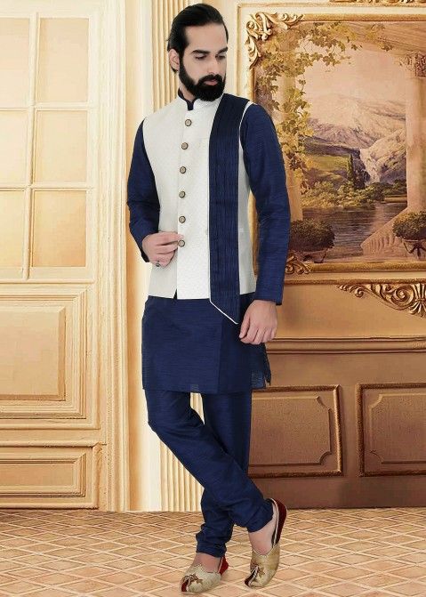 White and Navy Blue Asymmetric Layered Designer Nehru Jacket for Men