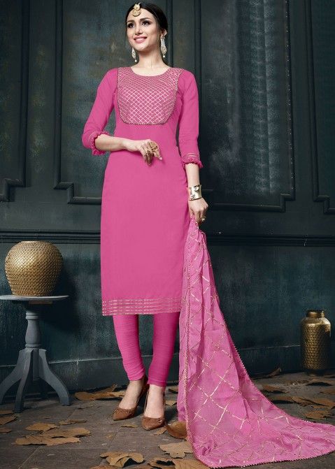 Pink and White Colour Straight Cut Salwar Suit – Just Salwars