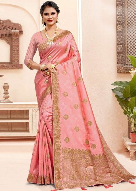 Pink Art Silk Saree With Woven Border
