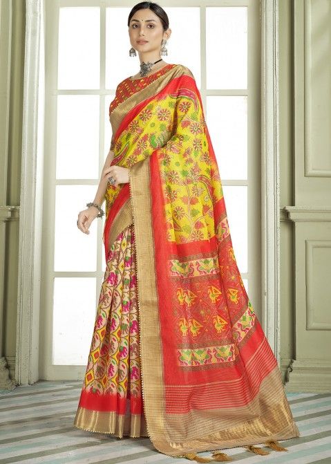 Multicolor Silk Printed Saree With Blouse