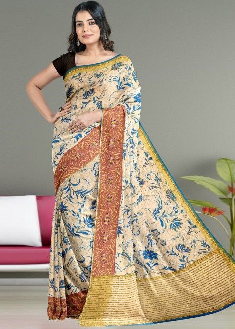 Cream Printed & Embellished Kanjivaram Silk Saree