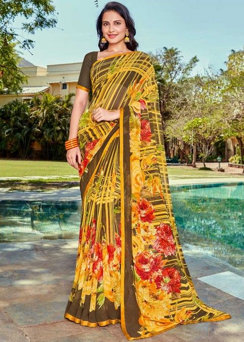 Yellow Floral Print Casual Saree In Georgette
