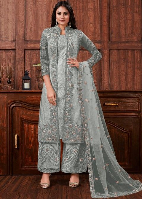 Embroidered Grey Long Jacket Dress, Full Sleeves at Rs 1500/piece