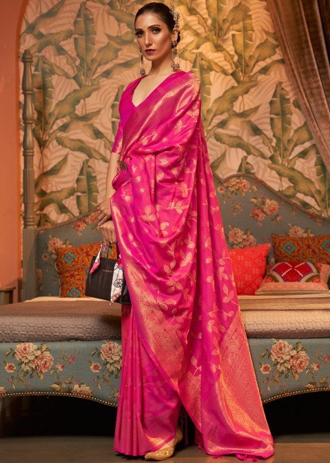 Buy Rose Pink Silk Saree With Art Silk Blouse Online - SARV03116