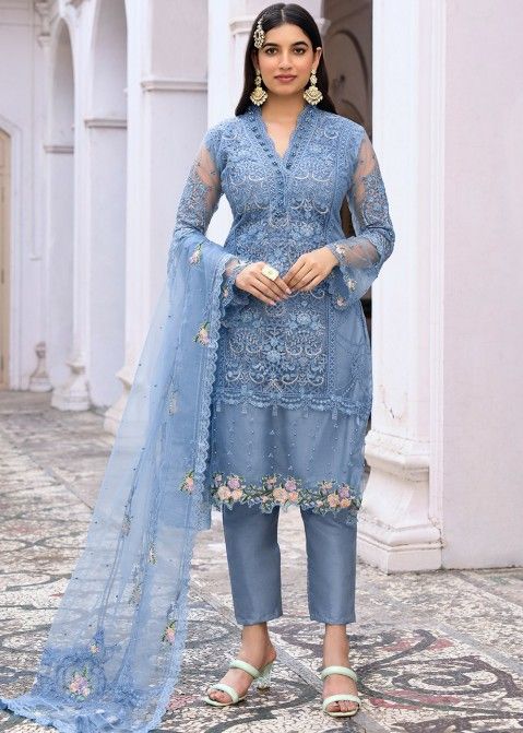 Blue Net Embroidered Pant Suit Set