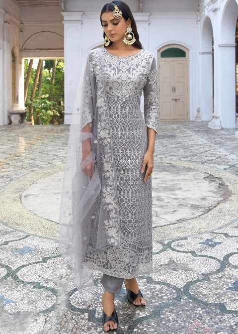 Grey Embroidered Georgette Pant Suit Set