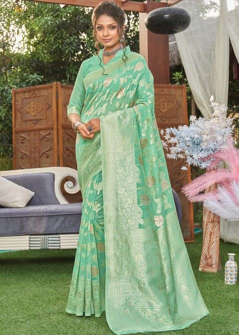Green Festive Zari Woven Saree In Cotton