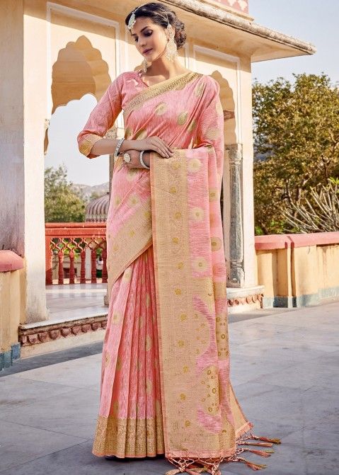 Pink Woven Design Linen Saree & Blouse