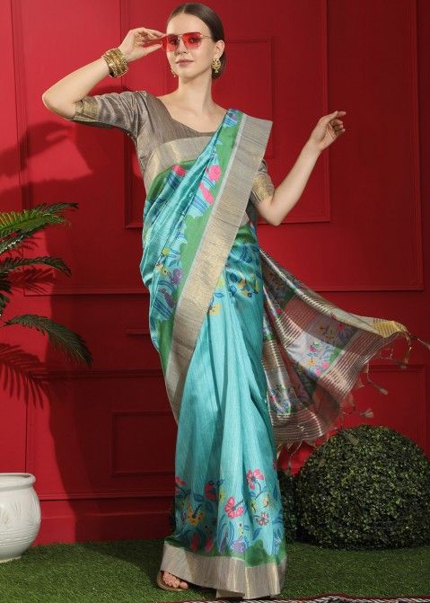 Blue Woven Pallu Tussar Silk Saree & Blouse