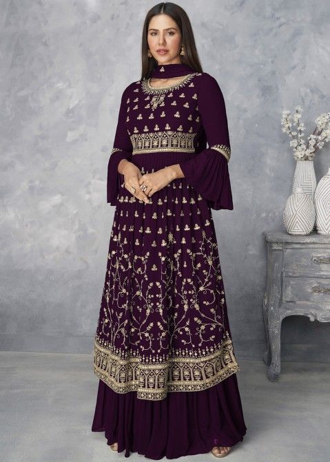 Purple Gathered Palazzo Suit Set In Georgette
