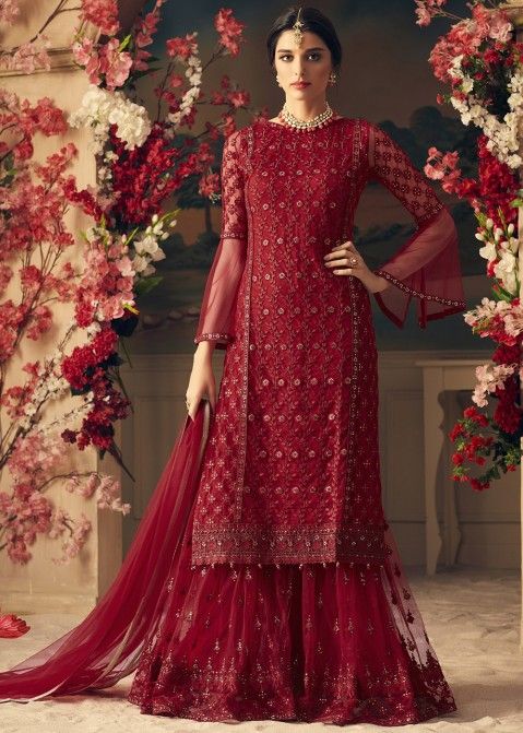 Maroon Embroidered Palazzo Suit Set In Net