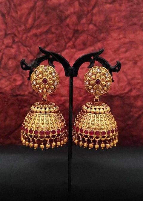 Stylish Kundan Stone Antique Gold Plated Jhumka EarringsKollam Supreme