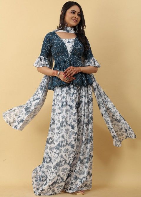 Readymade Blue Bandhani Printed Sharara Style Suit