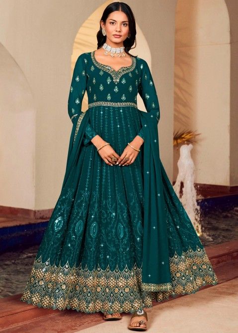 Green Embroidered Anarkali Style Suit & Dupatta
