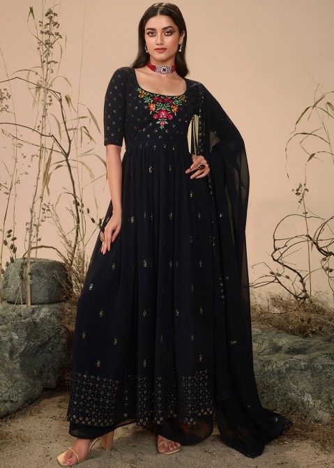 Blue Georgette Embroidered Palazzo Style Suit