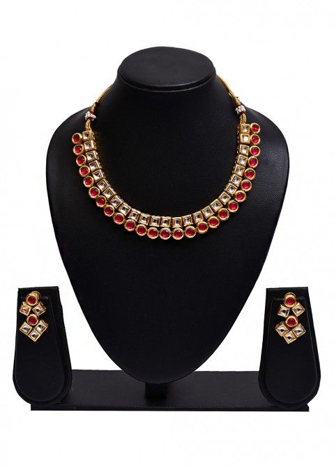 Red Stone And Kundan Embedded Necklace Set 