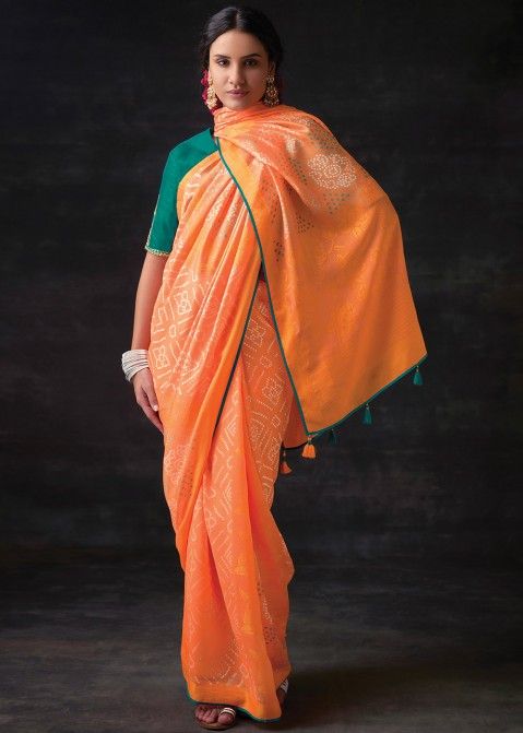 Orange Bandhej Printed Saree In Brasso Georgette
