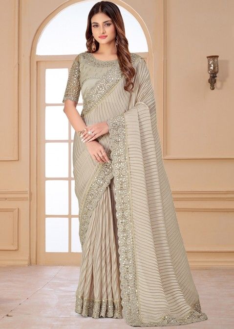 Grey Heavy Border Georgette Crushed Saree & Blouse