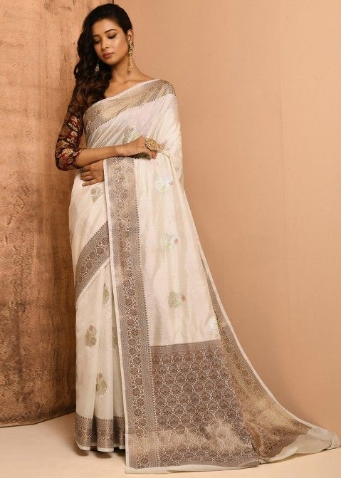 Buy Off White Banarasi Silk Saree With Blouse online-Karagiri